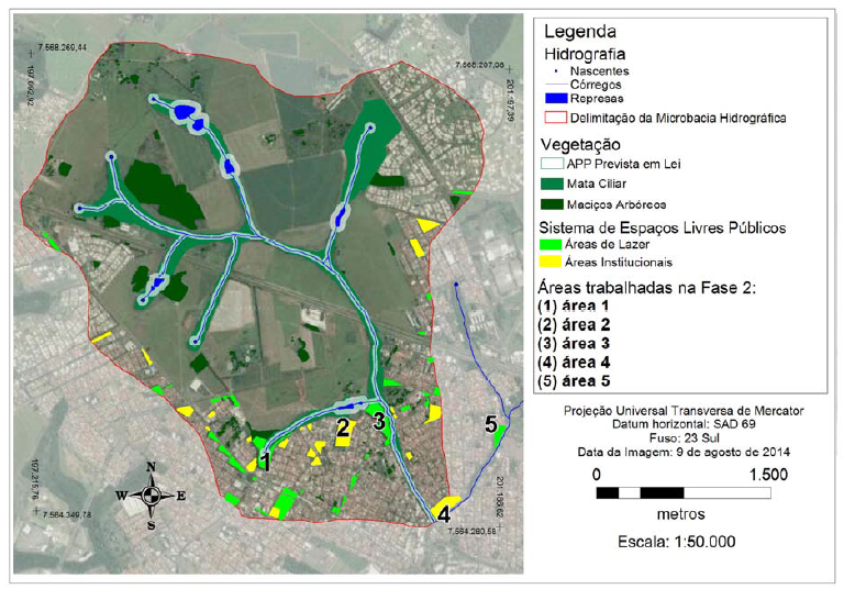 Mapa da delimitação da Microbacia Hidrográfica do Santa Maria do Leme com indicações das 33 Áreas de Lazer e 22 Áreas Institucionais.