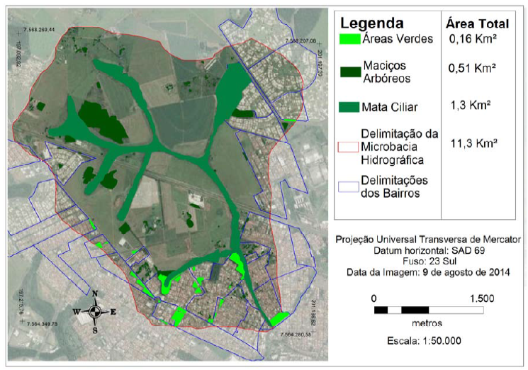 Localização das áreas verdes adequadas ou parcialmente adequadas na microbacia. 
