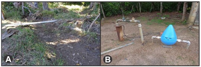 and 2B - Waterbed (dry) of the Estiva stream, in August/2017 (A); Semi-artesian well and water treatment system with chlorine, in December / 2017.