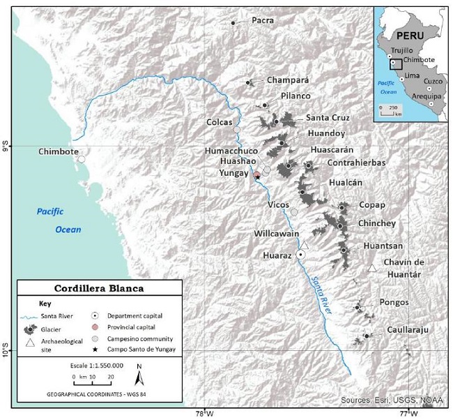 Glaciers systems of Cordillera Blanca and the cities and campesino communities of Callej&oacute;n de Huayllas investigated during in field work.