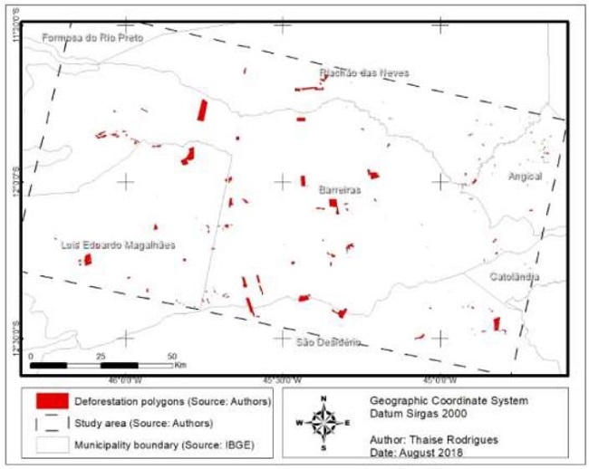 Deforestation polygons identified through the visual interpretation of Landsat-8 images from 2016 and 2017.