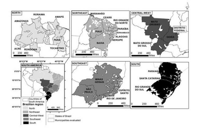 Distribution of the municipalities evaluated per Brazilian region