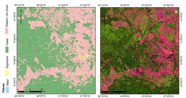 (A) Reference map used for rating validation and (B) Landsat image used in map update - composition 654, August 6, 2015.