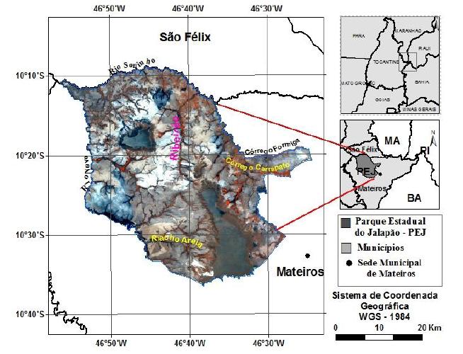 Mapa de localização do Parque Estadual do Jalapão no município de Mateiros, Tocantins. A imagem mostrada na figura corresponde à imagem do satélite RapidEye de 2010