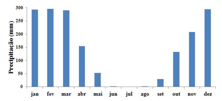 Gráfico de precipitação média de chuvas no período de 1999 a 2011 da estação pluviométrica de Mateiros - TO