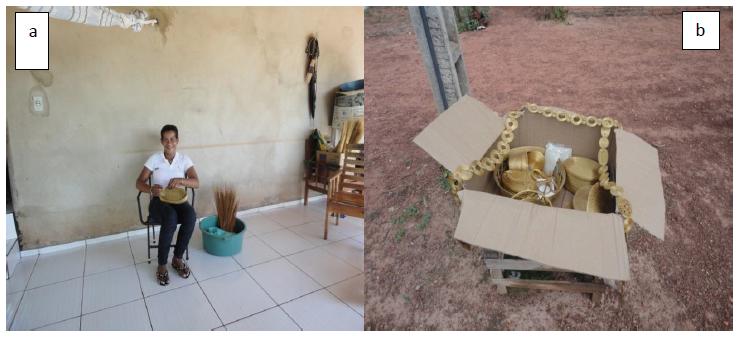 a) Artesã entrevistada quando confeccionava artesanato no município de Santa Tereza; b) Artesanato produzido no município de Lagoa do Tocantins. Os municípios de Santa Tereza e Lagoa do Tocantins fazem parte da região do Jalapão