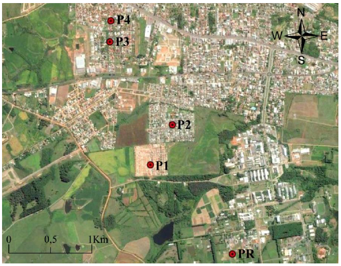 Imagem aérea do bairro com a marcação dos pontos avaliados.