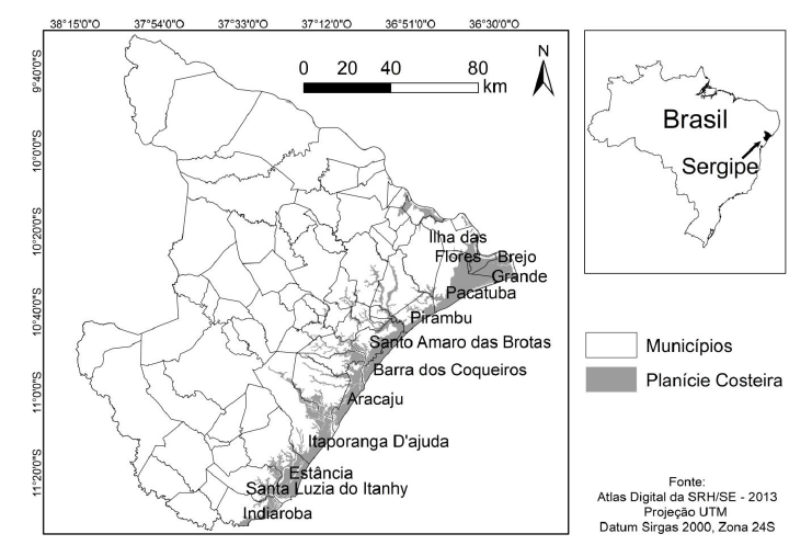 Municípios localizados na Planície Costeira, Estado de Sergipe, com áreas de vegetação de Restinga.