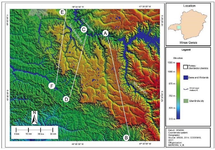 Transects and regional elevation of Uberlândia-Uberaba plateau.