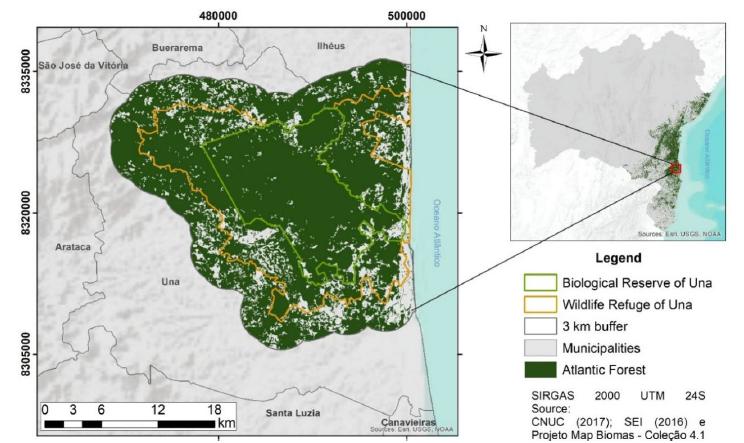Location map of REBIO of Una, REVIS of Una and their surroundings, and the AF extension in the study area in 2018.
