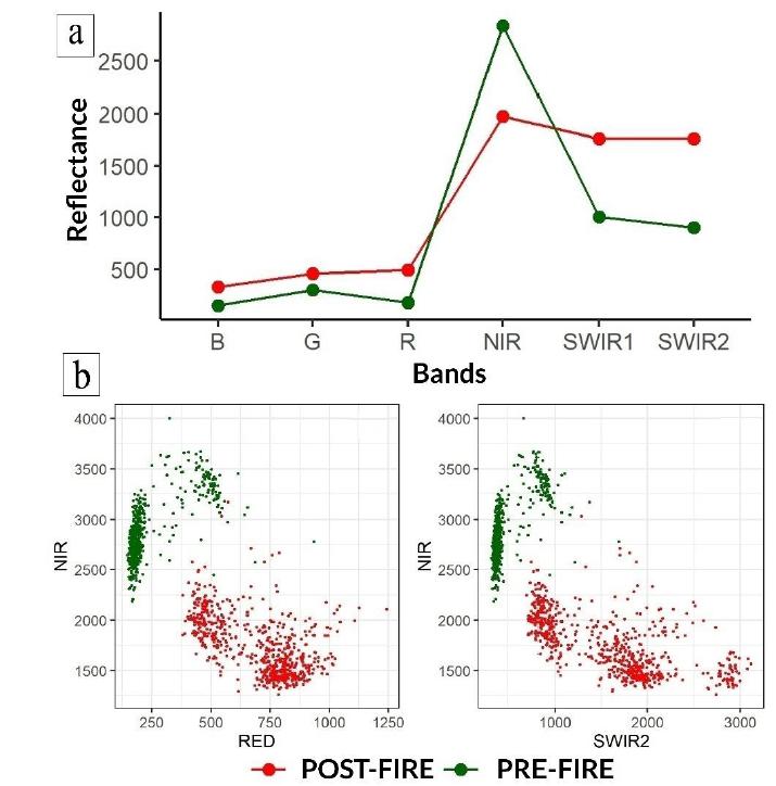 a) Reflectance average of the burned areas at the pre and post-fire images; b) Reflectance of burned area pixels for R, NIR and SWIR2 bands.