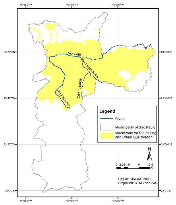 Location of the Macrozone for Structuring and Urban Qualification the Tietê, Pinheiros and Tamanduateí rivers, in the municipality of São Paulo / SP.
