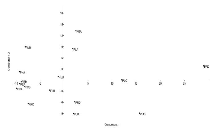 Principal Components Analysis (PCA) of the landscape preference by farmers in the western region of Santa Catarina, south of Brazil. Axis 1 represents 14.33% and axis 2 represents 12.17% of the data variation. Landscape codes are described in Figure 1.