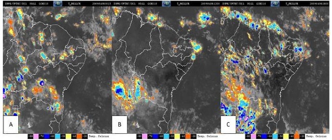 Satellite images of the enhanced channel for 04/06/2009 at 0, 12 and 18h UTC.