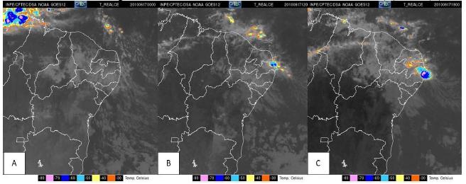 GOES satellite images in the enhanced channel for 06/17/2010 at 0h (A), 12h (B) and 18h (C).