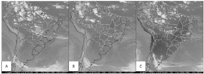 GOES-8 satellite images of the infrared channel for 08/19/1996 at 0, 12 and 18h UTC.