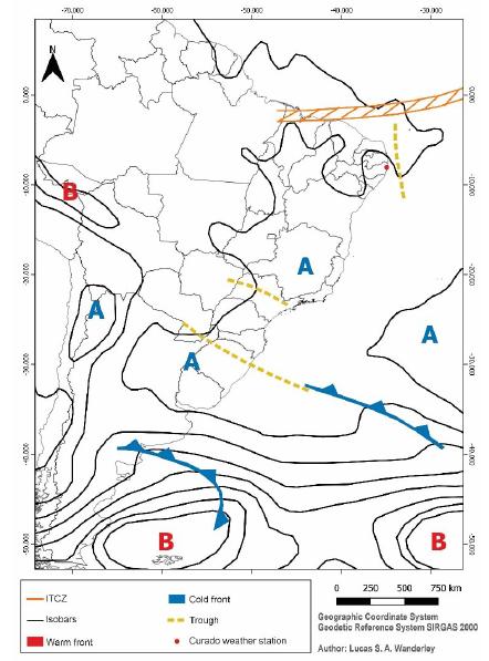 Synoptic chart at 0h UTC on 04/06/2009 for part of South America and the Atlantic Ocean.
