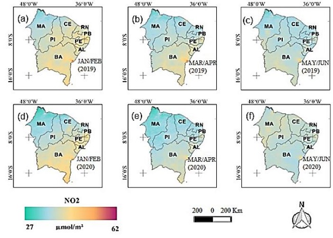 Map of changes in NO2 levels. (a), (b) and (c), the first, second, and third bimester of 2019. (d), (e), (f), first, second and third bimester of 2020