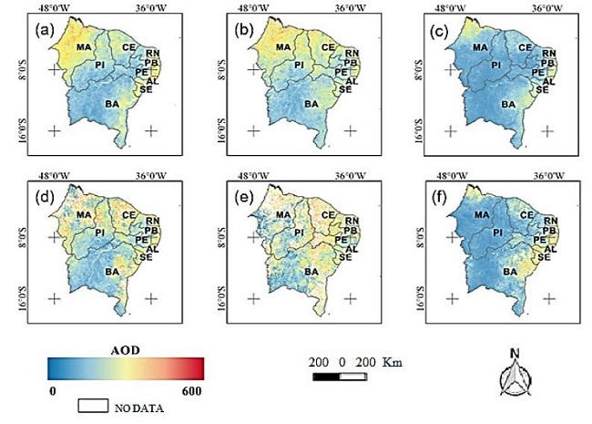 Map of changes in AOD levels. (a), (b) and (c) first, second and third bimester of 2019. (d), (e), (f), first, second and third bimester of 2020.