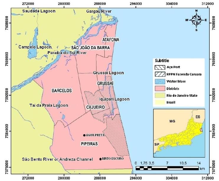 Situation and geographic location of the municipality of São João da Barra, the study areas, the RPPN Fazenda Caruara, the main aquatic ecosystems and the Açu Port.