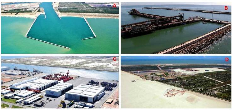 The Açu Port facilities: A (terminals TX1 and TX2), B (breakwater at TX2), C (companies installed along the navigation channel), D (hydraulic landfill built near the restinga area).