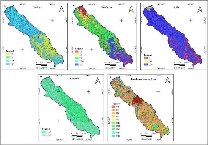 Vulnerability units of the Uberabinha river basin. A) Geology; B) Geofacies; C) Soils; D) Rainfall; E) Land cover and use. 
