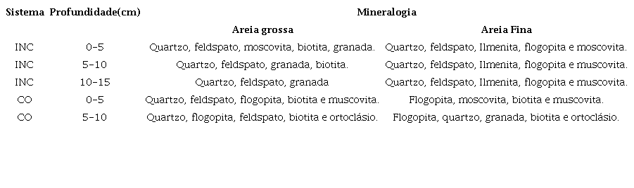 Ocorrência dos minerais na fração areia do solo no sistema INC e CO em distintas profundidades a partir de análise na lupa binocular.
