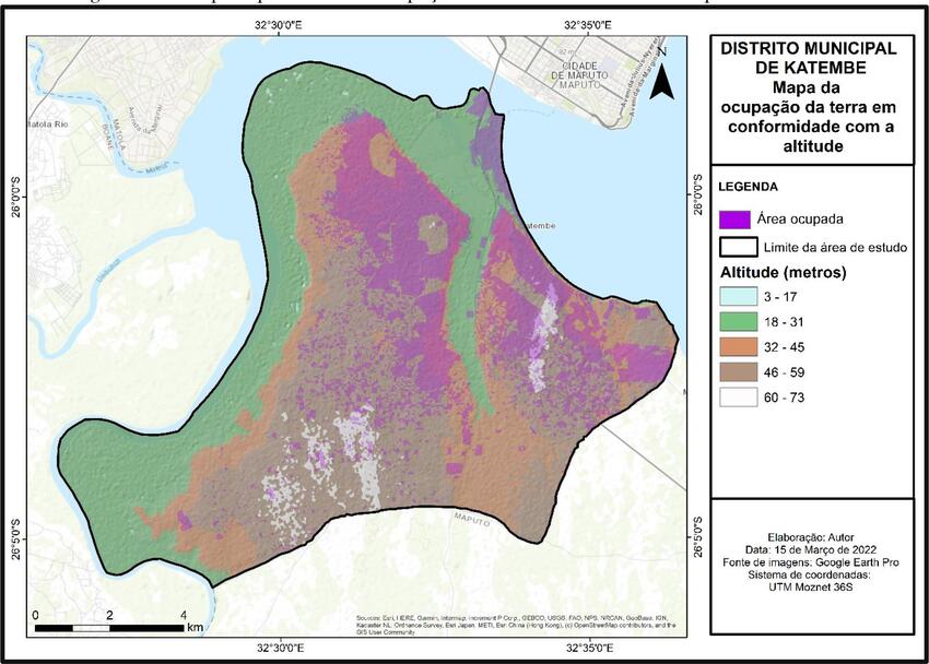 Mapa hipsométrico e ocupação da terra do distrito municipal de KaTembe.