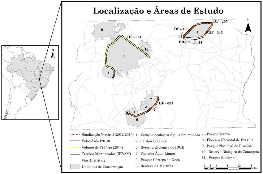 Localização e definição da área de estudo. Em linhas pretas duplas: trechos rodoviários monitorados pelo IBRAM; em vermelho pontilhado: avaliação da eficácia da SV entre 2012 e 2015; em cinza escuro: correlação das CAV às infrações de trânsito em 2013; em amarelo: correlacionados atropelamentos e volumes de tráfego em 2014; quadriláteros em cinza: Unidades de Conservação margeadas pelas rodovias; e, em linhas acinzentadas: vias distritais do DF.