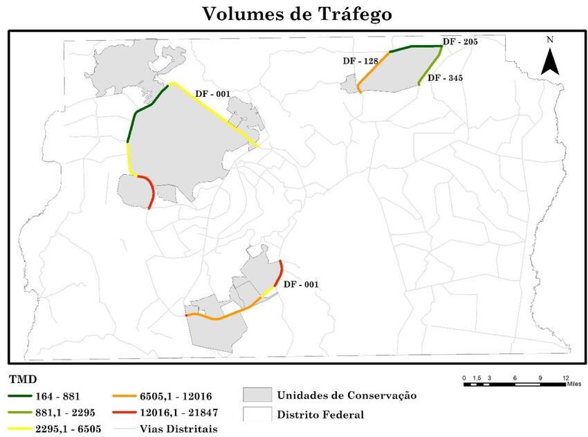 Gradiente de volumes de tráfego (TMD) nas rodovias avaliadas em 2014.