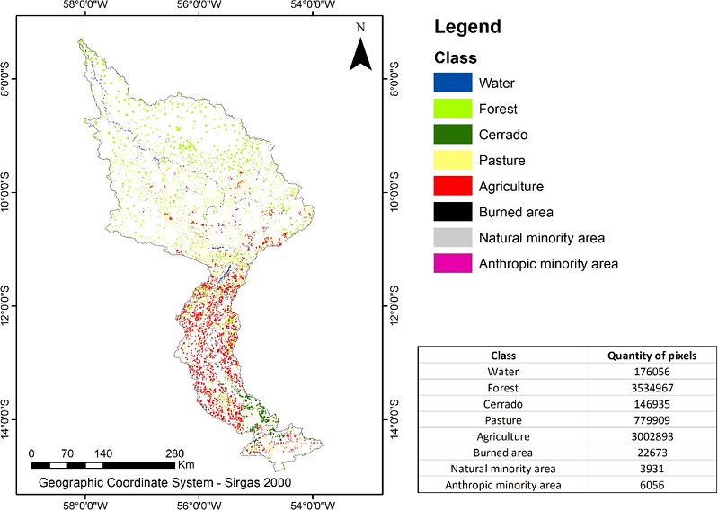 Distribution and value of training samples per class mapped in the Teles Pires river basin.