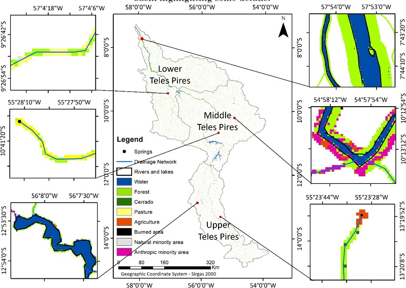 Map of land use and occupation within the APPs of the water bodies of the Teles Pires river basin highlighting some details.