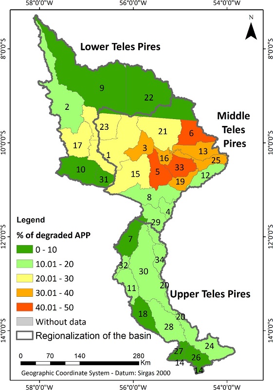 Classification of the municipalities within the Teles Pires river basin according to the percentage of degradation of the APPs.