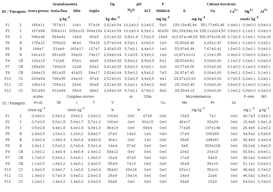 Resultados das an&aacute;lises f&iacute;sicas, qu&iacute;micas e de mat&eacute;ria org&acirc;nica do solo (m&eacute;dia aritm&eacute;tica seguida de desvio padr&atilde;o).