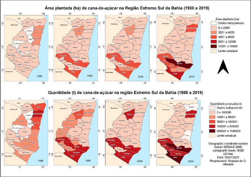 Expansão da área plantada (ha) e da produção (t) da cana-de-açúcar na RESB (1988-2019)