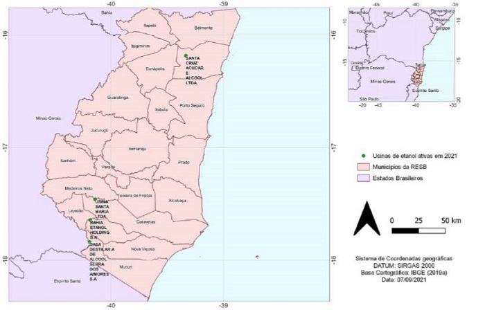 Usinas de produção de etanol nos municípios da Região Extremo Sul da Bahia