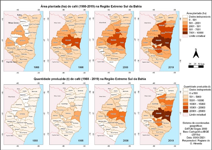 Mapeamento da expansão da área plantada (ha) e produção (t) de café na Região Extremo Sul da Bahia (1988-2019)