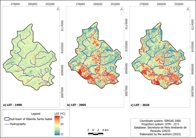 Spatio-temporal variation of LST in the sub-basin of Ribeirão Santa Isabel.