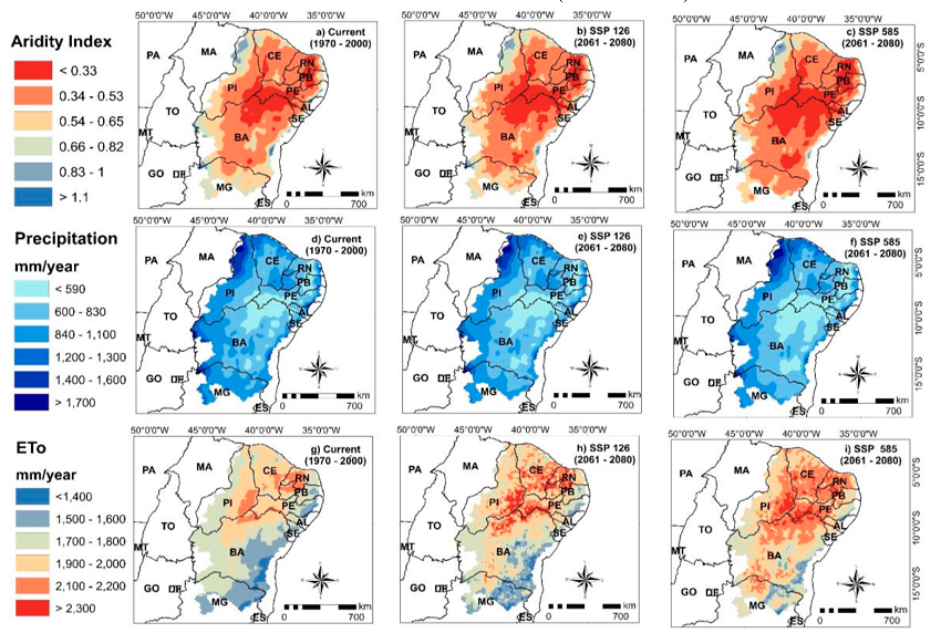 Spatial distribution of the aridity index (AI), annual precipitation and potential evapotranspiration (ETo) for the Brazilian semi-arid region under current conditions (1970 - 2000) and future scenarios (2061 - 2080)