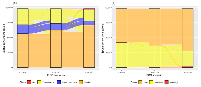 Sankey graph with the conversions: (a) Climate types in the face of climate change scenarios. (b) Areas susceptible to climate desertification in the face of climate change scenarios