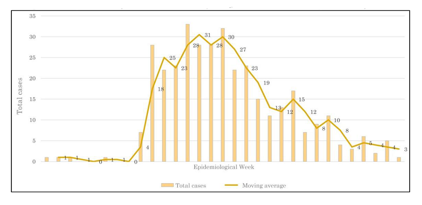 Distribution of confirmed cases and probable cases of MPX and moving averages per epidemiological week, Rio Grande do Sul, 22nd to 52nd epidemiological week, 2022.