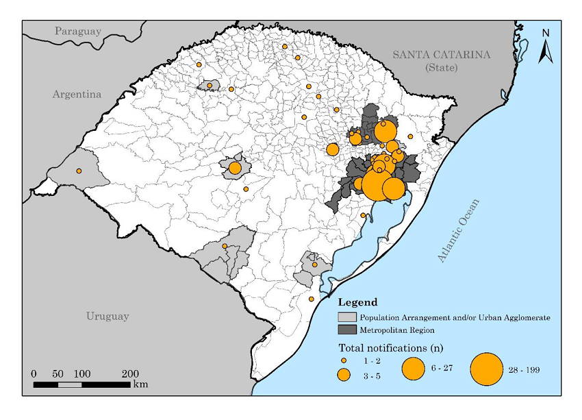 Spatial distribution of confirmed and probable MPX cases, Rio Grande do Sul, 22nd to 52nd epidemiological week, 2022.