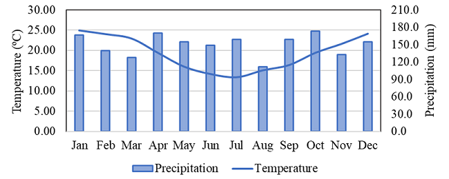 Santa Maria climate normal for temperature and precipitation from 1981 to 2010.