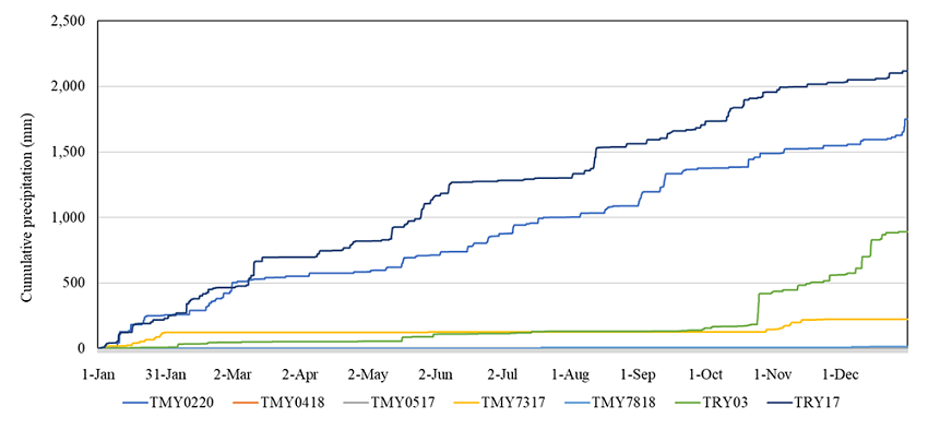 Cumulative rainfall data for each weather file along the year.