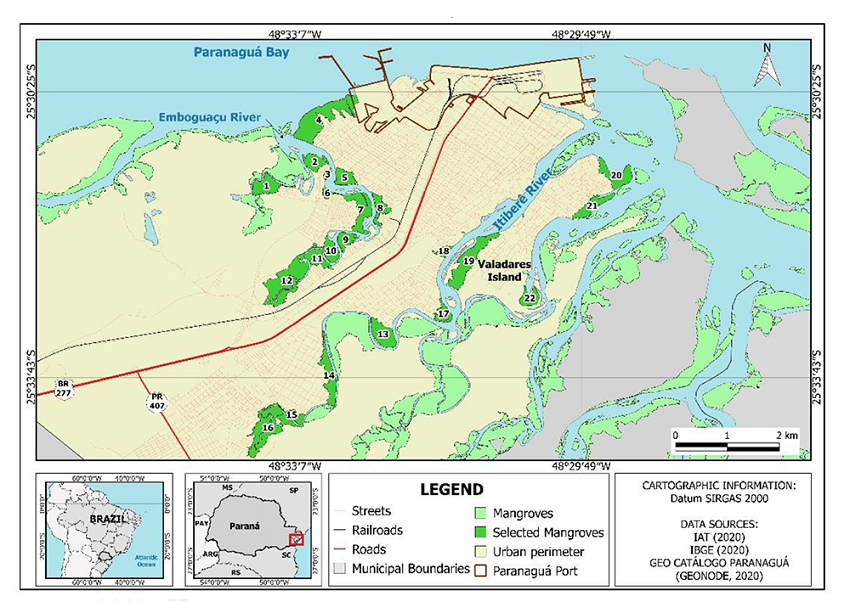 Map of the mangroves analyzed in the city of Paranagu&aacute;, Paran&aacute; coast, Brazil.