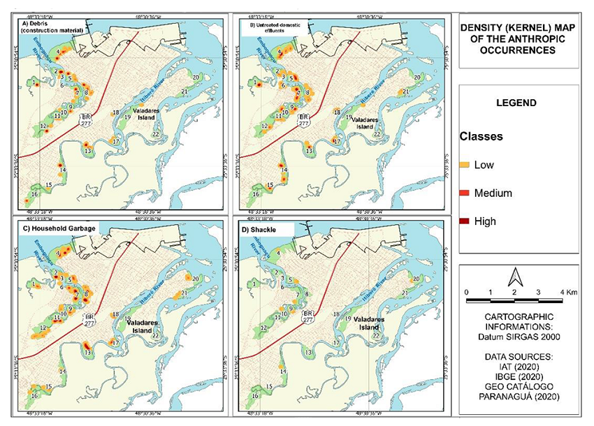 Set of density (Kernel) maps of the mapped anthropic occurrences.