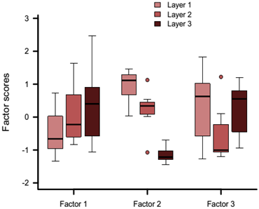 Box plot indicating the median and dispersion (lower and upper quartiles and outliers) of factor scores extracted from the factor analysis of guano data from the cave in Caraa Mountains, MG, Brazil. The factor scores are separated according to the factors and the layers.