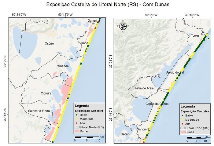 Distribuio espacial do nvel de Exposio Relativa  Eroso e  Inundao nos setores sul (esquerda) e norte (direita) do Litoral Norte do RS, na presena de dunas.