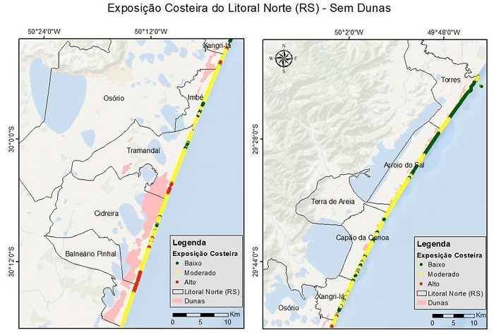 Distribuio espacial do nvel de Exposio Relativa  Eroso e  Inundao nos setores sul (esquerda) e norte (direita) do Litoral Norte do RS, sem a presena de dunas.