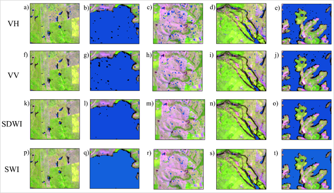 Painis de visualizao local para os diferentes setores da Barragem de Carpina com base nos mapas de VH, VV, SDWI e SWI, por meio do apoio de uma cena Sentinel-2/ MSI de composio em falsa-cor R4G8B12.
